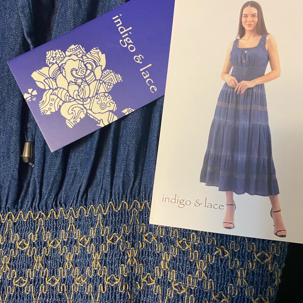 NWT Indigo & Lace Embroidered Tiered Peasant Maxi Dress Size XL